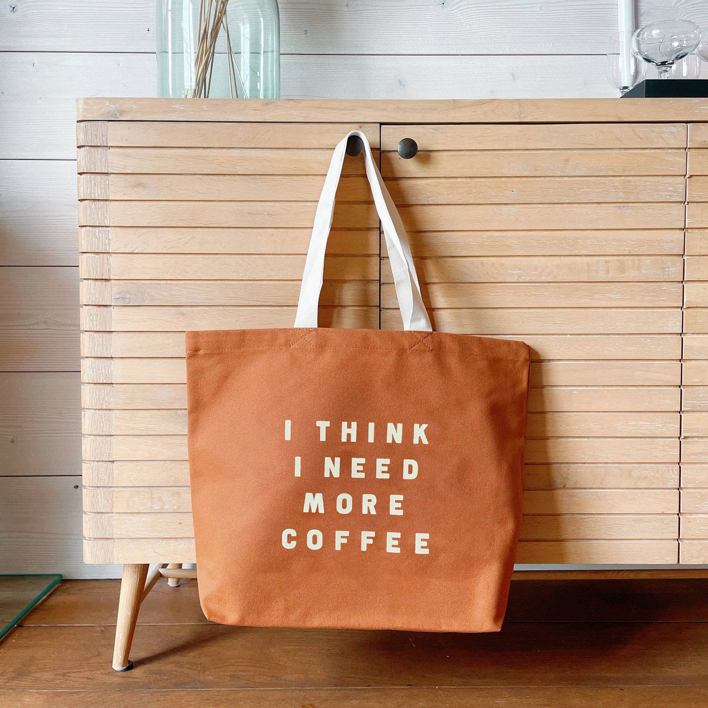 I Think I Need More Coffee - Tan Tote Bag - Alphabet Bags