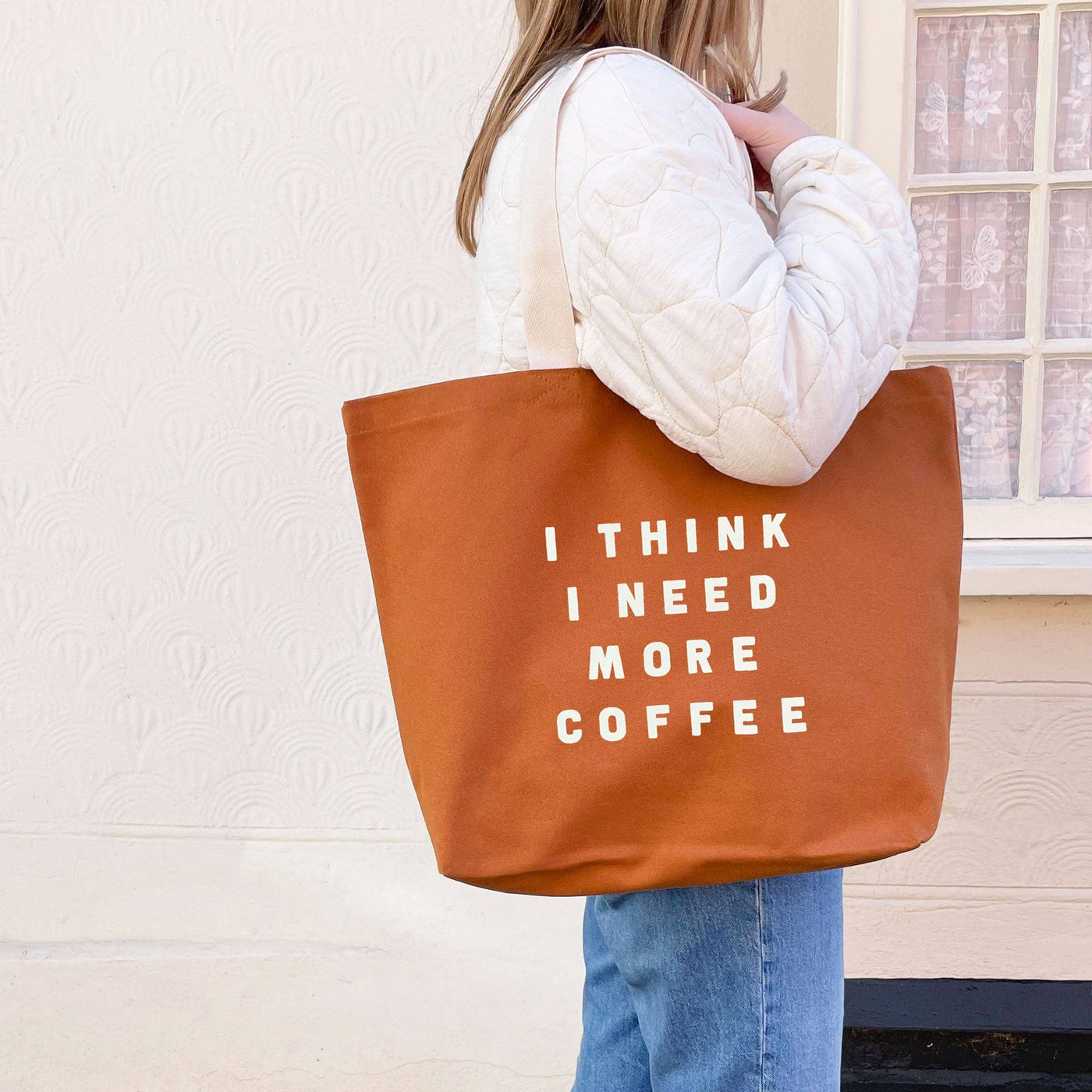 I Think I Need More Coffee - Tan Tote Bag - Alphabet Bags